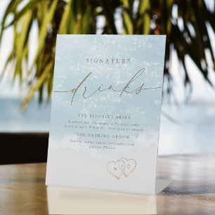 Modern Script Sand Hearts Beach Signature Drinks Pedestal Sign