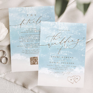Modern Script Sand Hearts Beach Wedding All In One Invitation