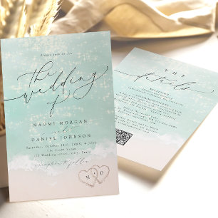 Modern Script Sand Hearts Beach Wedding All In One Invitation
