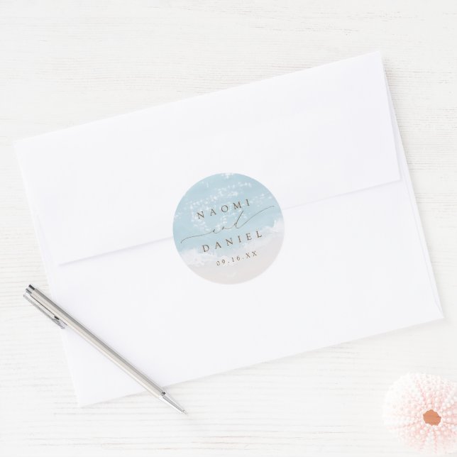 Modern Script Sand Hearts Beach Wedding Favours Classic Round Sticker (Envelope)
