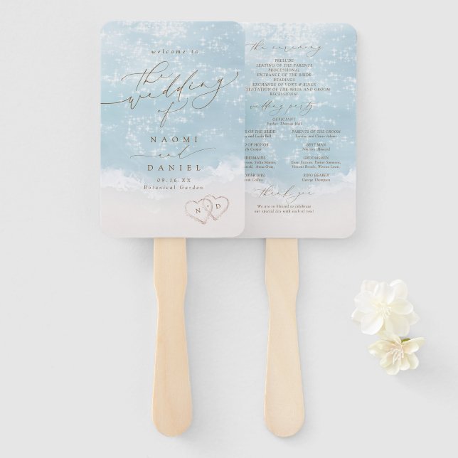 Modern Script Sand Hearts Beach Wedding Program Hand Fan (Front and Back)