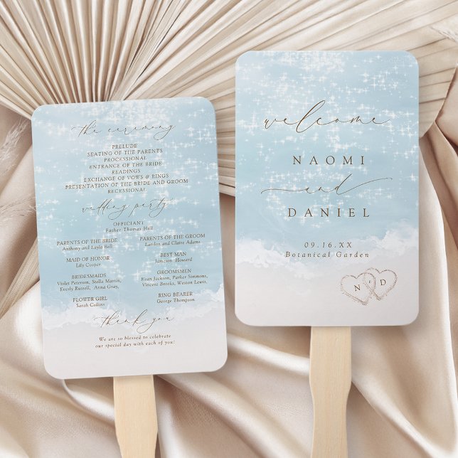 Modern Script Sand Hearts Beach Wedding Program Hand Fan (Modern Script Sand Hearts Beach Wedding Program Hand Fan)