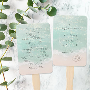 Modern Script Sand Hearts Beach Wedding Program Hand Fan
