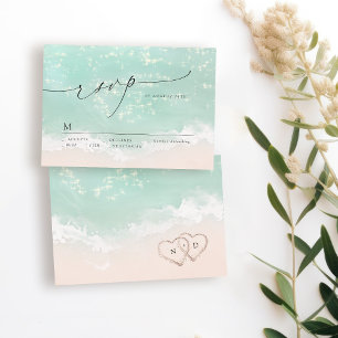 Modern Script Sand Hearts Beach Wedding RSVP Card