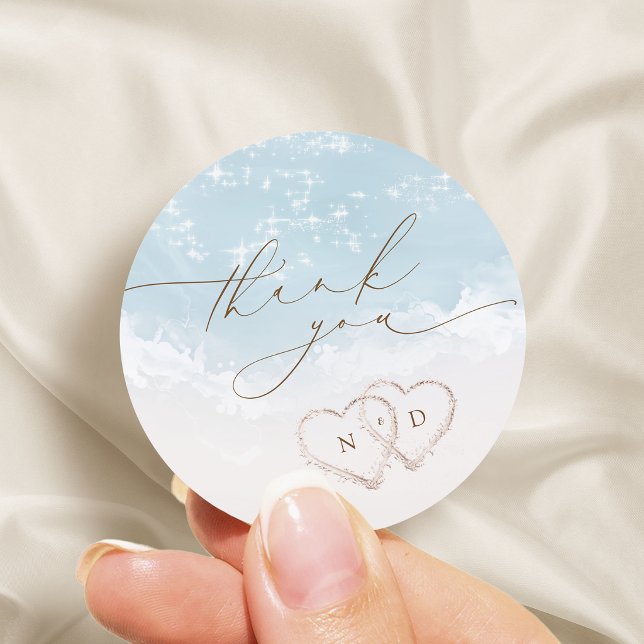 Modern Script Sand Hearts Beach Wedding Thank You Classic Round Sticker (Modern Script Sand Hearts Beach Wedding Thank You Classic Round Sticker)