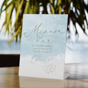 Modern Script Sand Hearts Bridal Shower Mimosa Bar Pedestal Sign