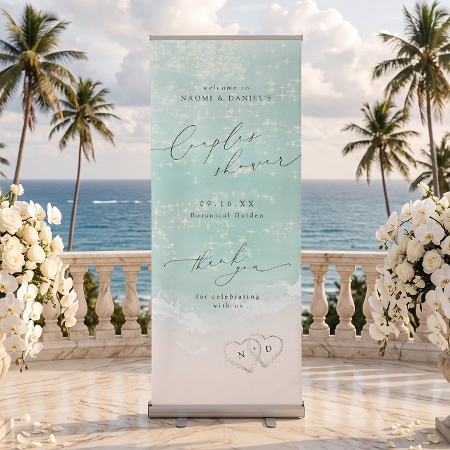 Modern Script Sand Hearts Couples Shower Sign (Modern Script Sand Hearts Couples Shower Sign)