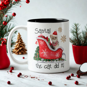 Modern Script Santa Cat Watercolor Funny Christmas Two-Tone Coffee Mug