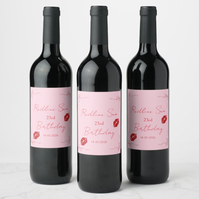 Modern Script Sassy  Pink  Bow Birthday Welcome Wine Label (Bottles)