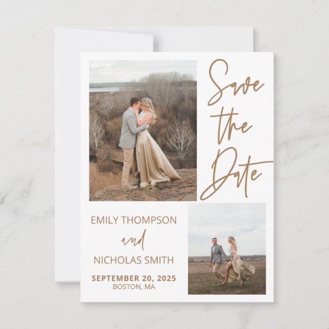 Modern Script Save the Date Card with Two Pictures (Front)