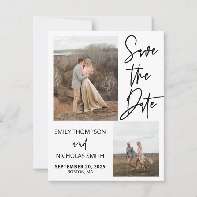 Modern Script Save the Date Card with Two Pictures (Front)