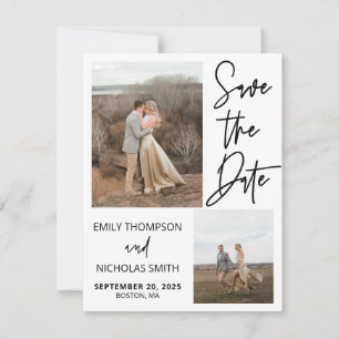 Modern Script Save the Date Card with Two Pictures