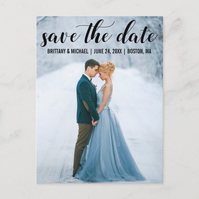 Modern Script Save The Date Engagement Photo B Postcard (Front)