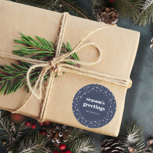 Modern Script Seasons Greetings Holiday Navy Blue Classic Round Sticker