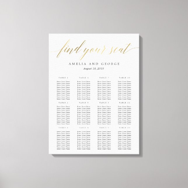 Modern Script Seating Chart Canvas Faux Gold (Front)