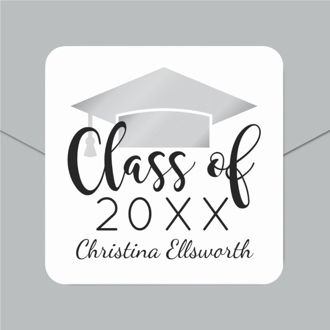 Modern Script Silver 2025 Custom Graduation Square Sticker (Creator Uploaded)