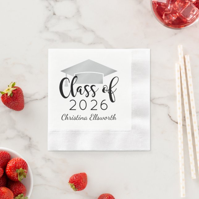 Modern Script Silver Cap 2026 Graduation Party Napkin (Insitu)