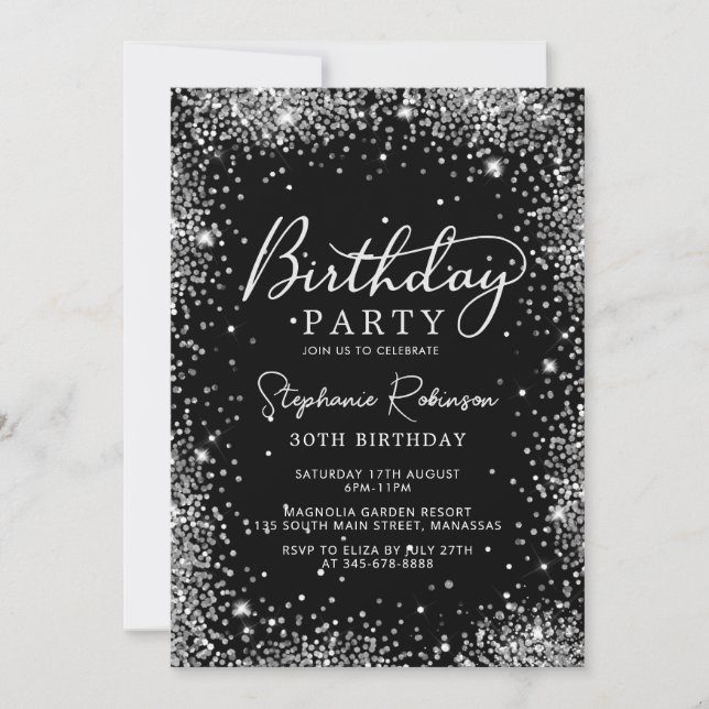 Modern Script Silver Glitter 30th Birthday Black Invitation (Front)