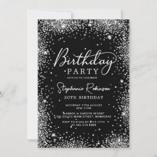 Modern Script Silver Glitter 30th Birthday Black Invitation