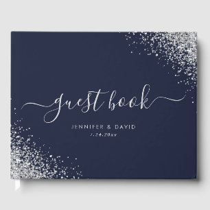 Modern Script Silver Glitter Navy Blue Wedding Guest Book