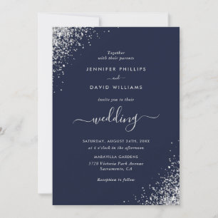 Modern Script Silver Glitter Navy Blue Wedding Invitation
