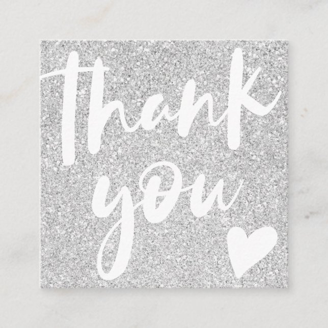 Modern script silver glitter pink thank you square business card (Front)