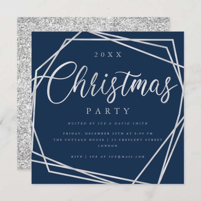 MODERN Script Silver Navy Glitter Christmas Party Invitation (Front/Back)