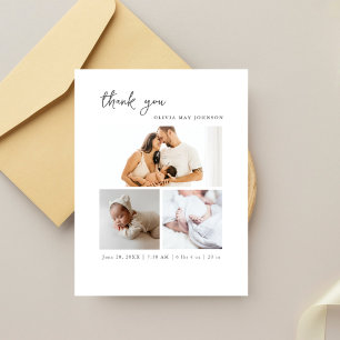 Modern Script Simple 3 Photo Birth Announcement Postcard