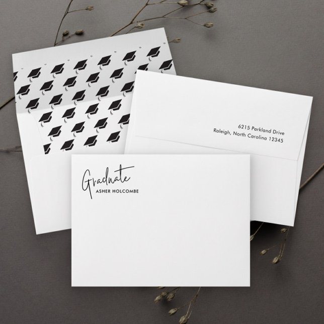 Modern Script Simple Graduation Return Address Envelope (Simple minimal black and white script graduation invitation announcement envelope.)