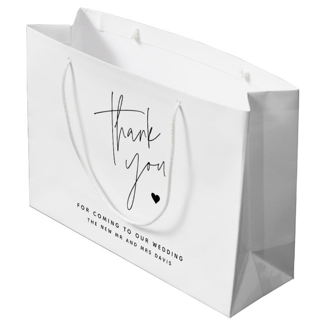 Modern Script Simple Heart Wedding Thank You  Large Gift Bag (Back Angled)