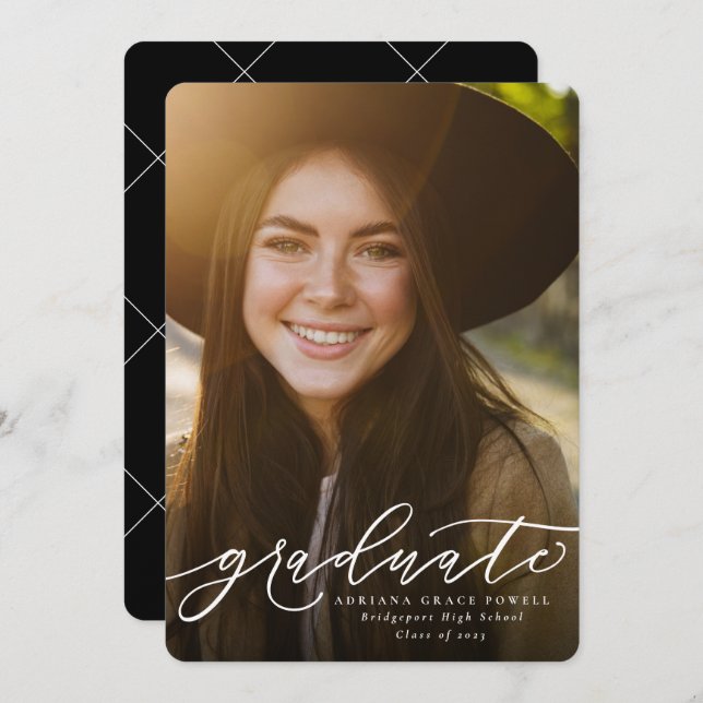 Modern script simple photo graduation announcement (Front/Back)