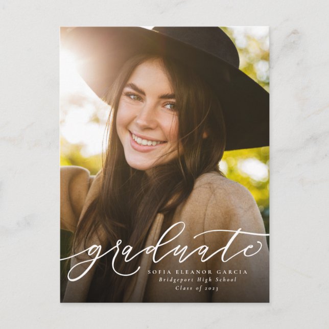 Modern script simple photo graduation invitation postcard (Front)