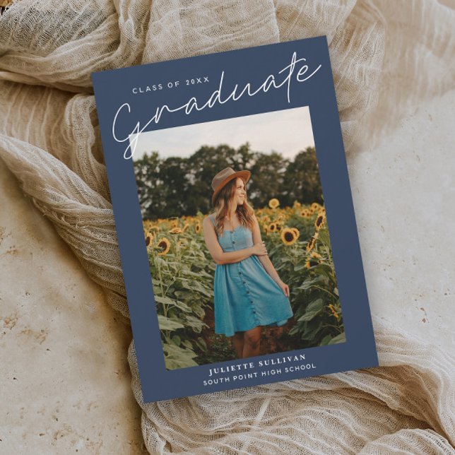 Modern Script Simple Photo Graduation Invitations (Modern script navy blue photo graduation invitation.)