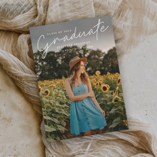 Modern Script Simple Photo Graduation Invitations (Modern handwritten script 3 photo graduation invitations.)