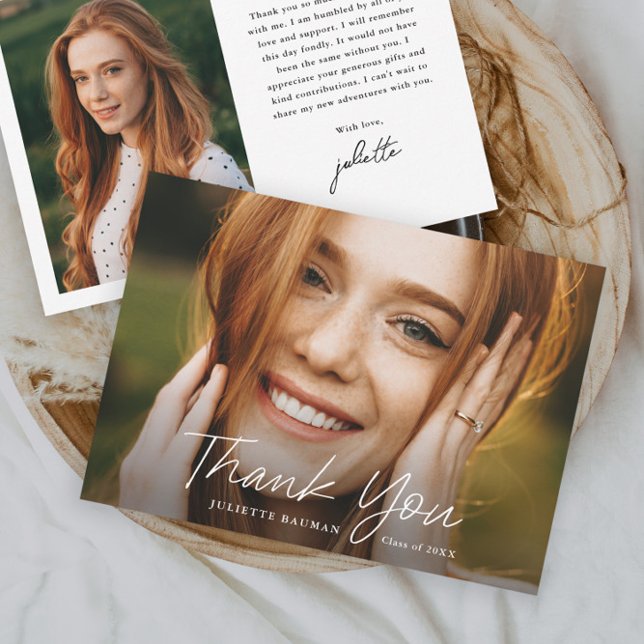 Modern Script Simple Photo Graduation Thank You Card (Simple modern script photo graduation thank you card.)