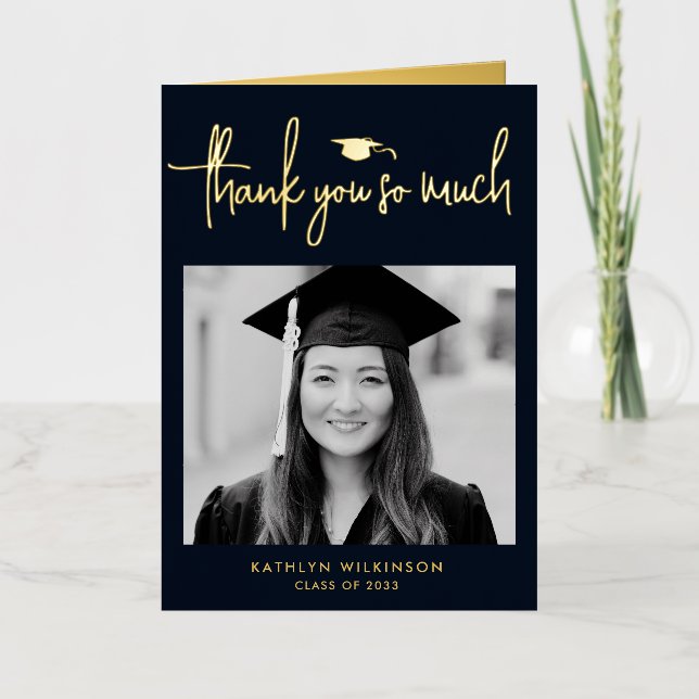 Modern Script Simple Photo Graduation Thank You Foil Greeting Card (Front)