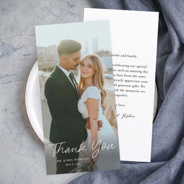 Modern Script Simple Photo Wedding Tall Thank You Card (Modern handwritten script photo wedding thank you cards.)