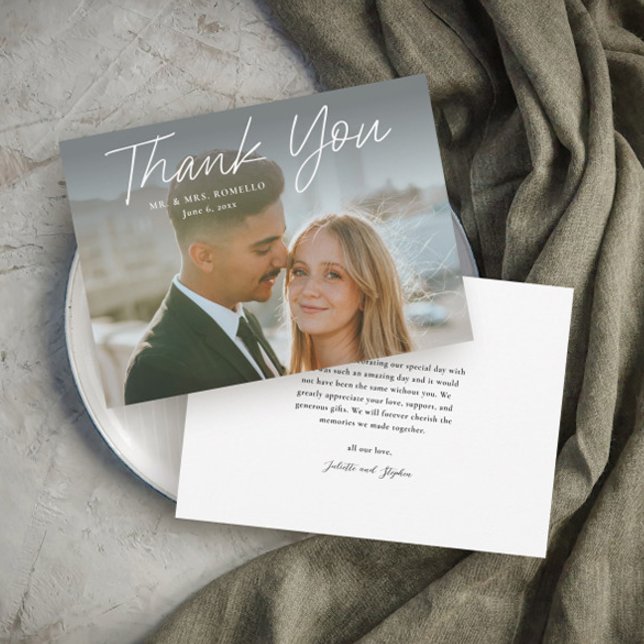 Modern Script Simple Photo Wedding Thank You Card (Modern script typography simple wedding photo thank you card.)