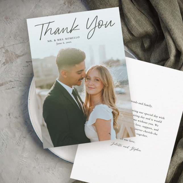 Modern Script Simple Photo Wedding Thank You Card (Modern script photo wedding thank you card with full bleed photo typography overlay.)