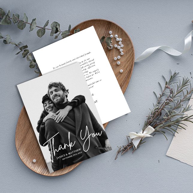 Modern Script Simple Photo Wedding  Thank You Card (Modern script photo wedding thank you card shares heartfelt gratitude with a personal touch)