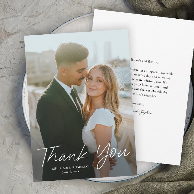 Modern Script Simple Photo Wedding Thank You Invitation (A 2-sided Modern photo wedding thank you card with handwritten script typography overlay.)