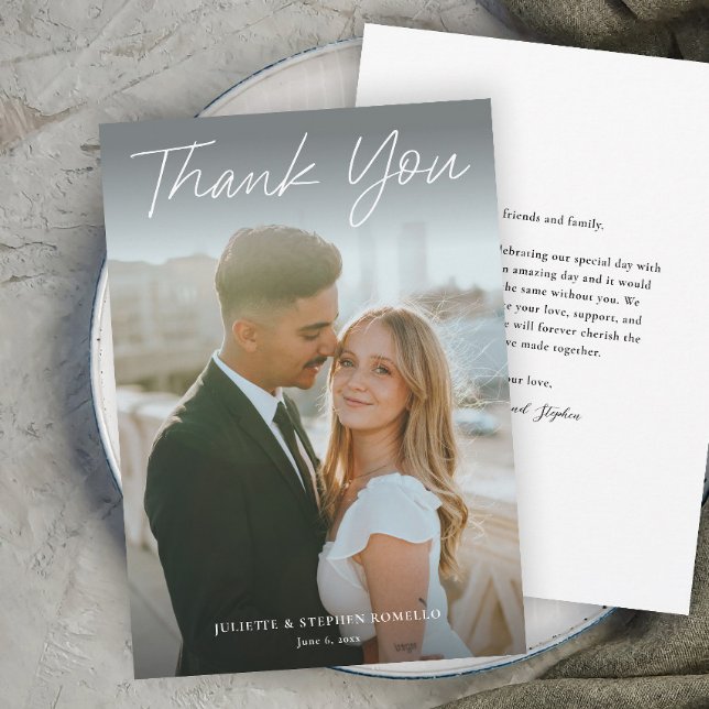 Modern Script Simple Photo Wedding Thank You Invitation (A 2-sided Modern photo wedding thank you card with handwritten script typography overlay.)