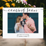 Modern script simple typography photo pregnancy announcement postcard<br><div class="desc">Coming soon! Modern minimalist script typography photo pregnancy announcement.</div>