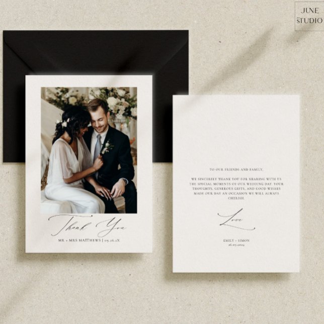 Modern Script Simple Wedding Photo Flat Thank You Card (modern elegant wedding photo thank you card, dainty calligraphy, modern script simple thank you )