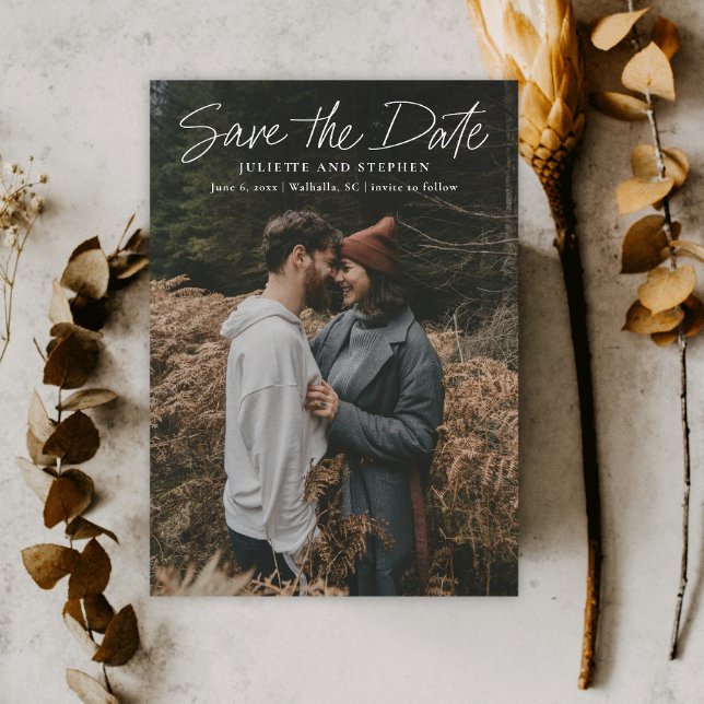 Modern Script Simple Wedding Photo Save The Date (Handwritten Photo Wedding Save the Date with QR Code.)
