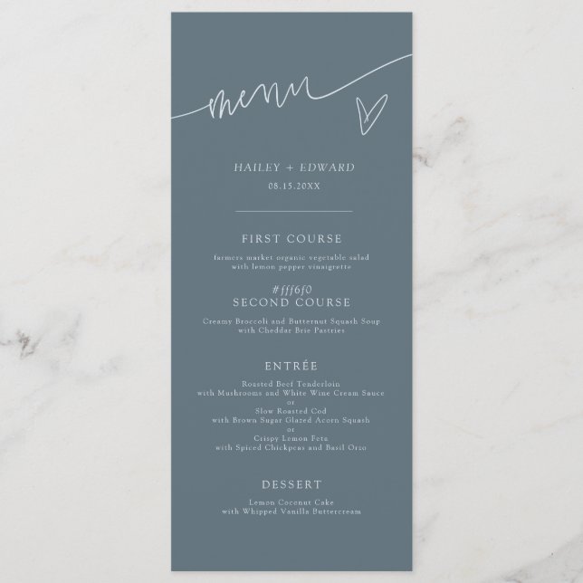 Modern Script Slate Blue Wedding Menu (Front)