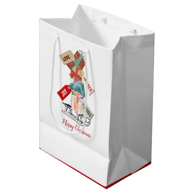 Modern Script Sled Cute Red White Merry Christmas Medium Gift Bag (Front Angled)