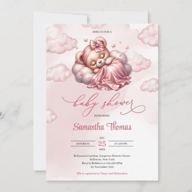 Modern script sleeping bear girl Baby Shower      Invitation (Front)