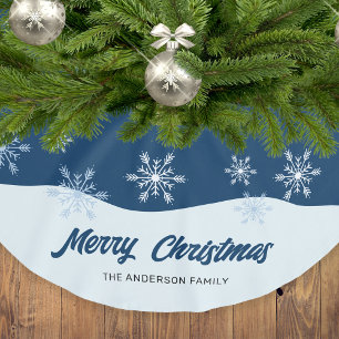 Modern Script Snowflakes Dark Blue Christmas Brushed Polyester Tree Skirt