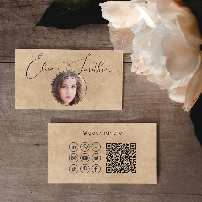  Modern Script Social Media QR Code Add Your Photo Business Card (Creator Uploaded)